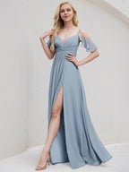 Dusty Blue Chiffon A Line Spaghetti Straps Floor Length Bridesmaid Dress With Ruffle