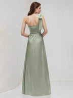 Sage Satin A Line One Shoulder Sleeveless Floor Length Bridesmaid Dresses With Bow