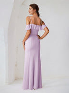 Lilac Chiffon Sheath/Column Spaghetti Straps Sleeveless Floor Length Bridesmaid Dress With Ruffle