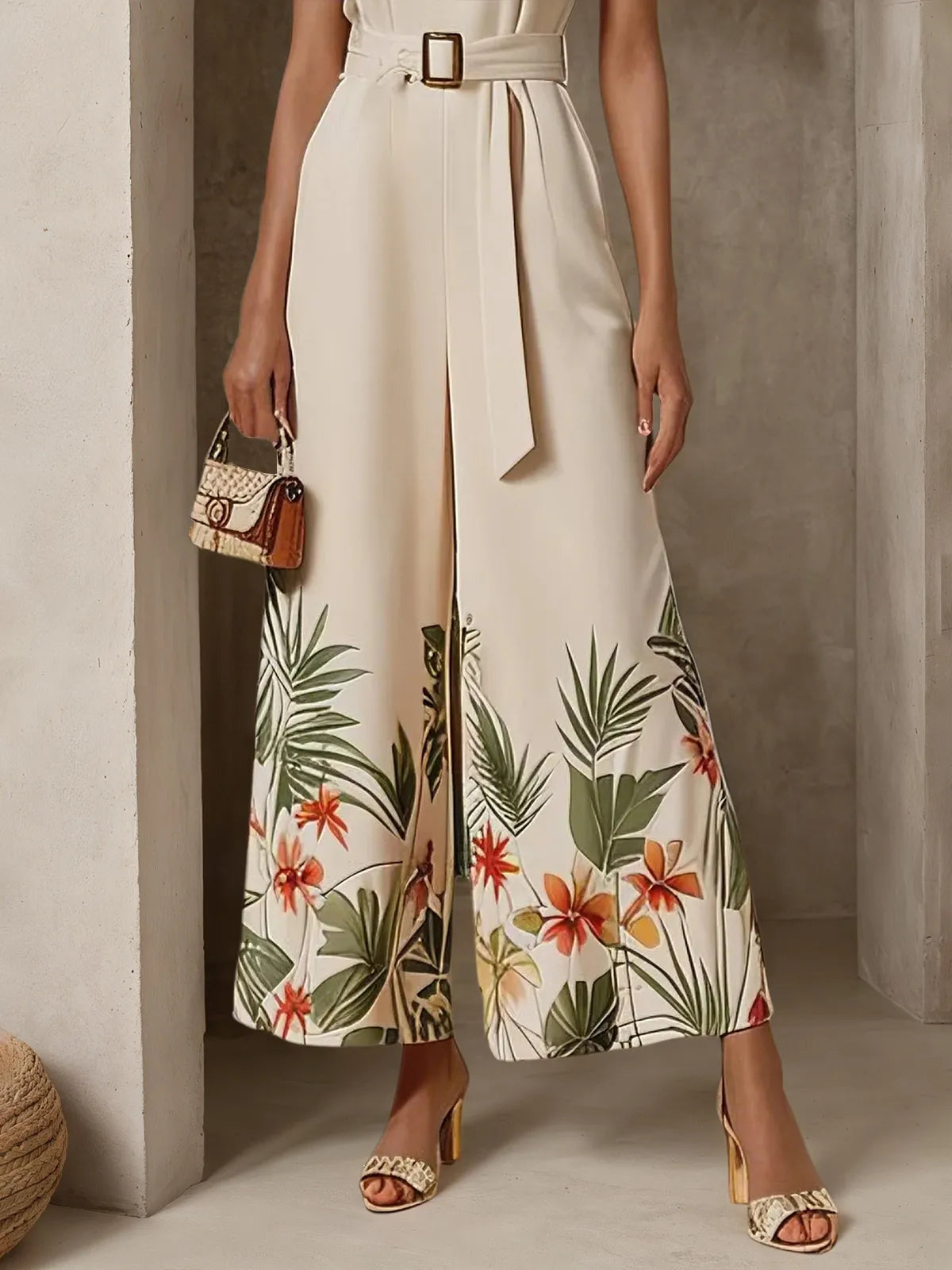 Damen cremeweißes, florales Jumpsuit mit Ausschnitten, Rundhalsausschnitt, ärmellos, Urlaub