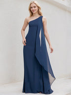Navy Blue Chiffon A Line One Shoulder Floor Length Bridesmaid Dress
