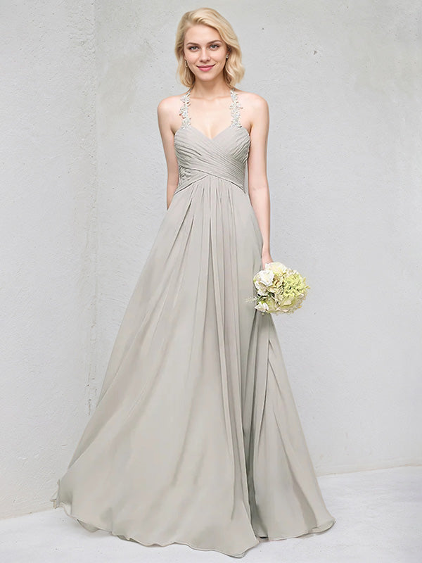 Abito da damigella a linea ad A con scollo a cuore, chiffon e pizzo lungo fino a terra con volant