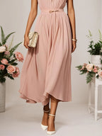 Rosa Chiffon Lotusblattkragen ärmelloses A-Linien Maxikleid