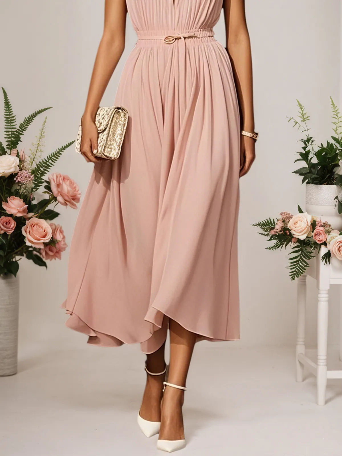 Rosa Chiffon Lotusblattkragen ärmelloses A-Linien Maxikleid
