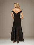 Schwarzes, elastisches Crepe-Bodenlanges Kleid mit Rüschen, ärmellos und schulterfrei