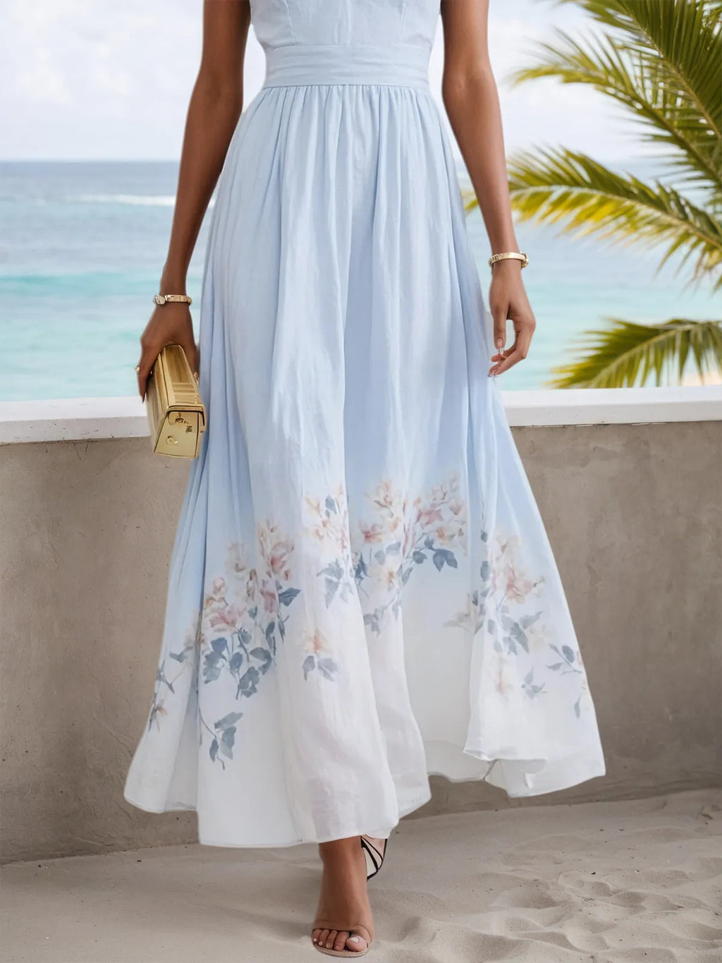 Hellblaues florales ärmelloses A-Linien Maxikleid mit V-Ausschnitt