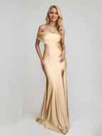 Champagne Satin Trumpet/Mermaid Off the Shoulder Floor Length Bridesmaid Dress