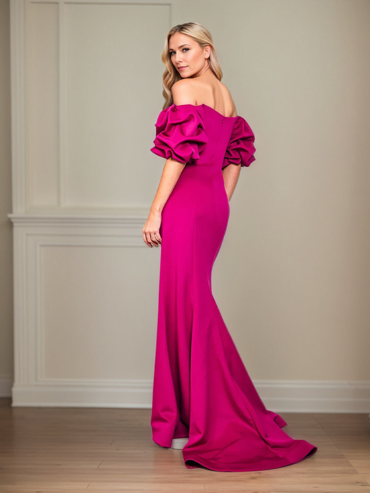 Satin Etuikleid/Säulenkleid mit schulterfreiem Puffärmel, bodenlang, Mutter der Braut Kleid