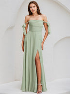 Celadon Chiffon A Line Off the Shoulder Sleeveless Floor Length Bridesmaid Dress