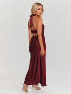 Pflaumenfarbenes Satin-Sheath/Säulen-Kleid mit Neckholder, ärmellos, knöchellang, Brautjungfernkleid