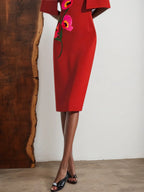 Red Embroidery Floral Half Sleeve Sheath Midi Dress