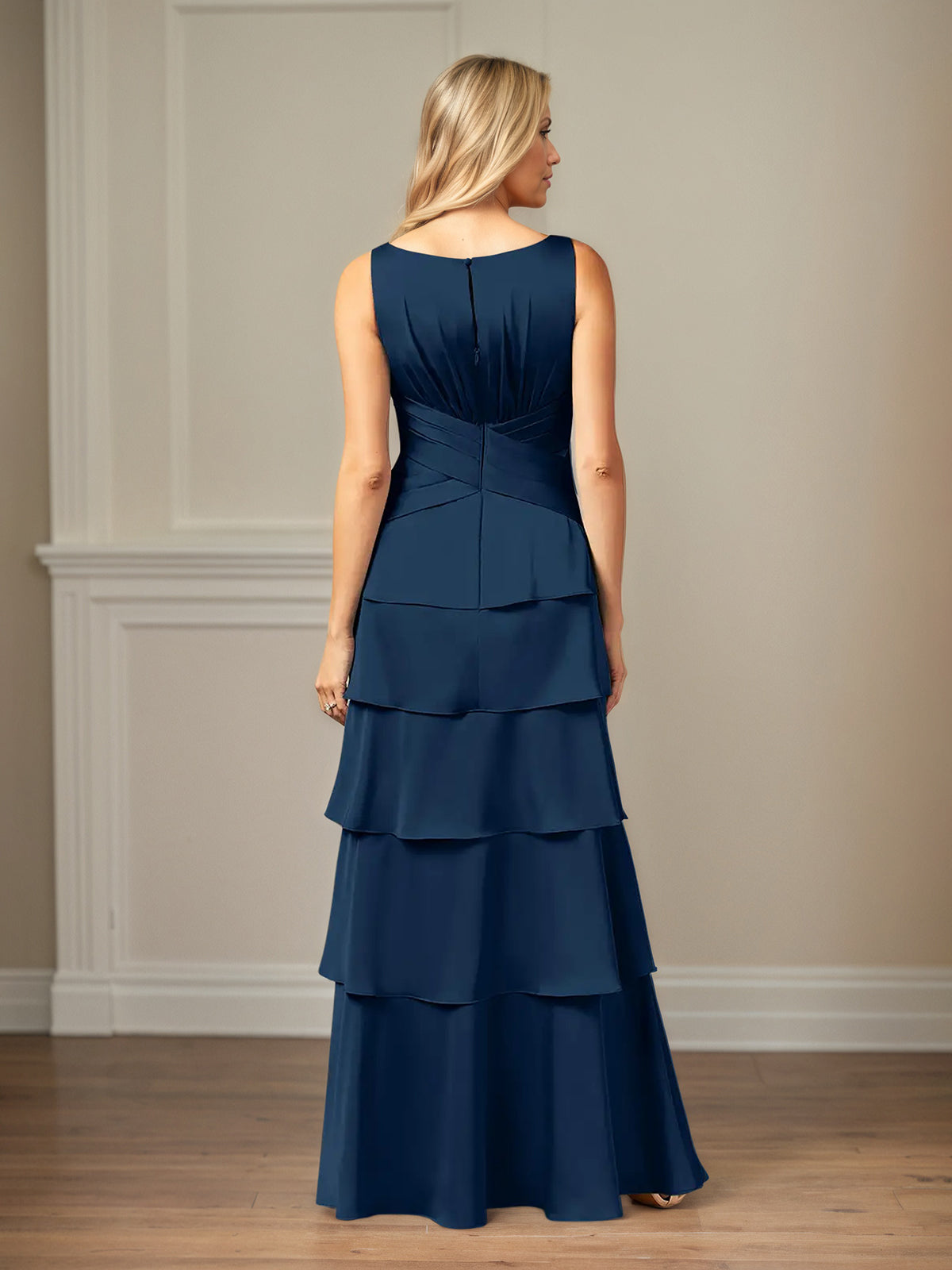 A Line Satin V Neck Sleeveless Floor Length Mother of the Bride Dress With Ruffles