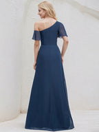 Navy Blue Chiffon A Line One Shoulder Short Sleeves Floor Length Bridesmaid Dress
