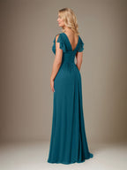 A Line Chiffon V Neck Short Sleeves Floor Length Mother of the Bride Dresses With Ruffles