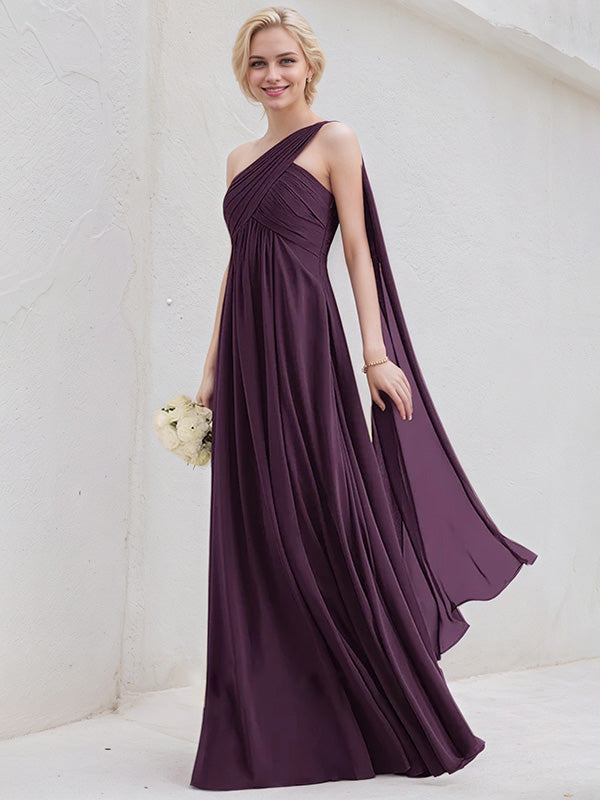 Grape A-Line One Shoulder Floor-Length Chiffon Bridesmaid Dress With R – DUNALI