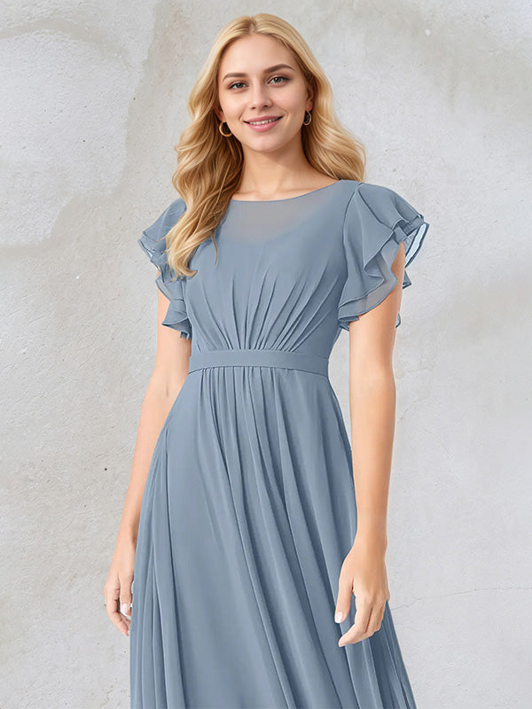 Dusty Blue A-Line Round Neck Floor-Length Chiffon Bridesmaid Dress With Ruffles