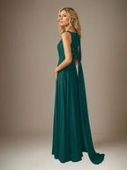 A Line Chiffon V Neck Sleeveless Floor Length Pleated Mother of the Bride Dresses With Appliques