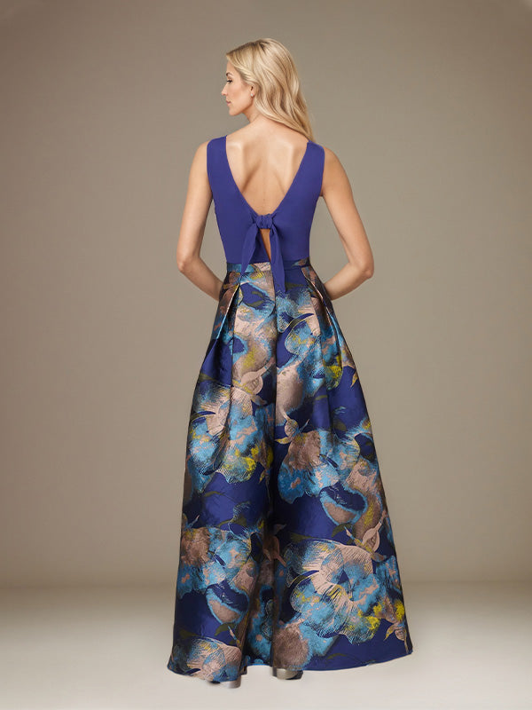 Royal Blue A Line Satin Jewel Neckline Sleeveless Floor Length Floral Dress