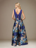 Royal Blue A Line Satin Jewel Neckline Sleeveless Floor Length Floral Dress