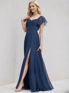 Marineblaues Chiffon A-Linien V-Ausschnitt Kurzarm bodenlanges Brautjungfernkleid