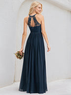 Dark Navy Chiffon A Line Halter Neck Sleeveless Floor Length Bridesmaid Dress