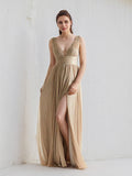 Gold A Line V Neck Sleeveless Floor Length Bridesmaid Dress