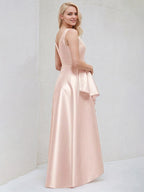 Blushing Pink A Line Scoop Neck Sleeveless Asymmetrical Satin Bridesmaid Dresses