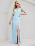Sky Blue Chiffon Sheath/Column V Neck Sleeveless Floor Length Bridesmaid Dress