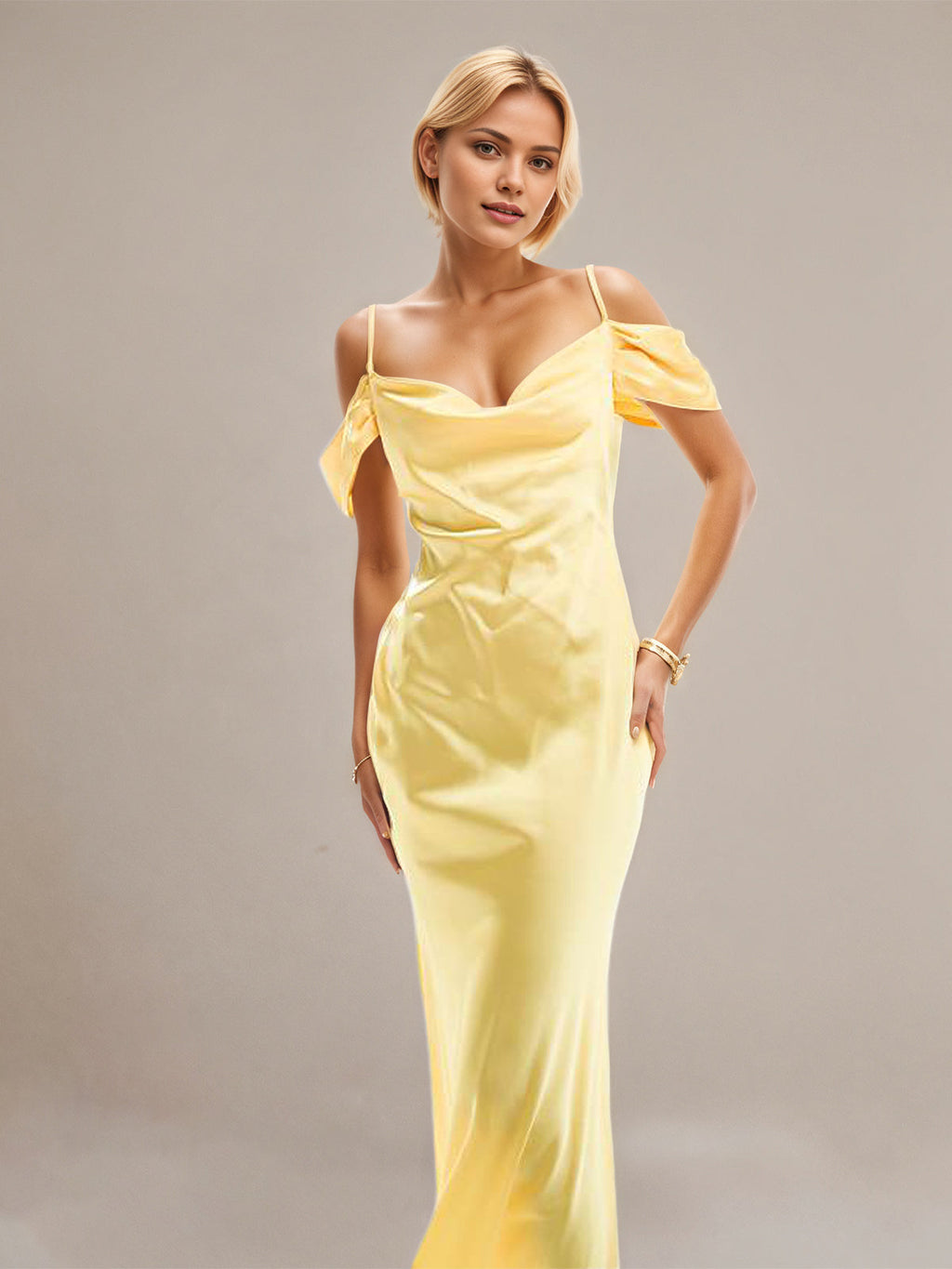 Robes jaunes en satin, coupe droite/colonne, bretelles spaghetti, sans manches, longueur cheville