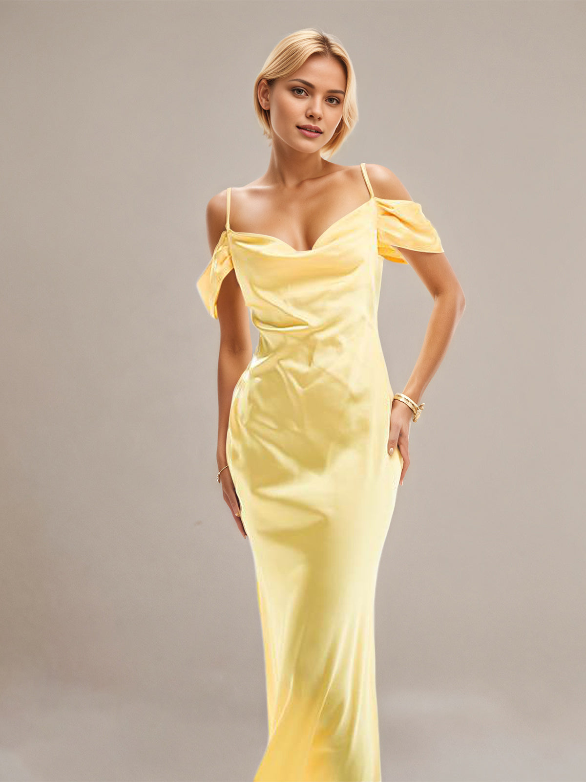 Robes jaunes en satin, coupe droite/colonne, bretelles spaghetti, sans manches, longueur cheville