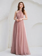 Dusty Rose A-Line Halter Neck Floor-Length Tulle Bridesmaid Dress