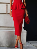 Rotes Peplum quadratischer Ausschnitt ärmelloses Etui Midikleid
