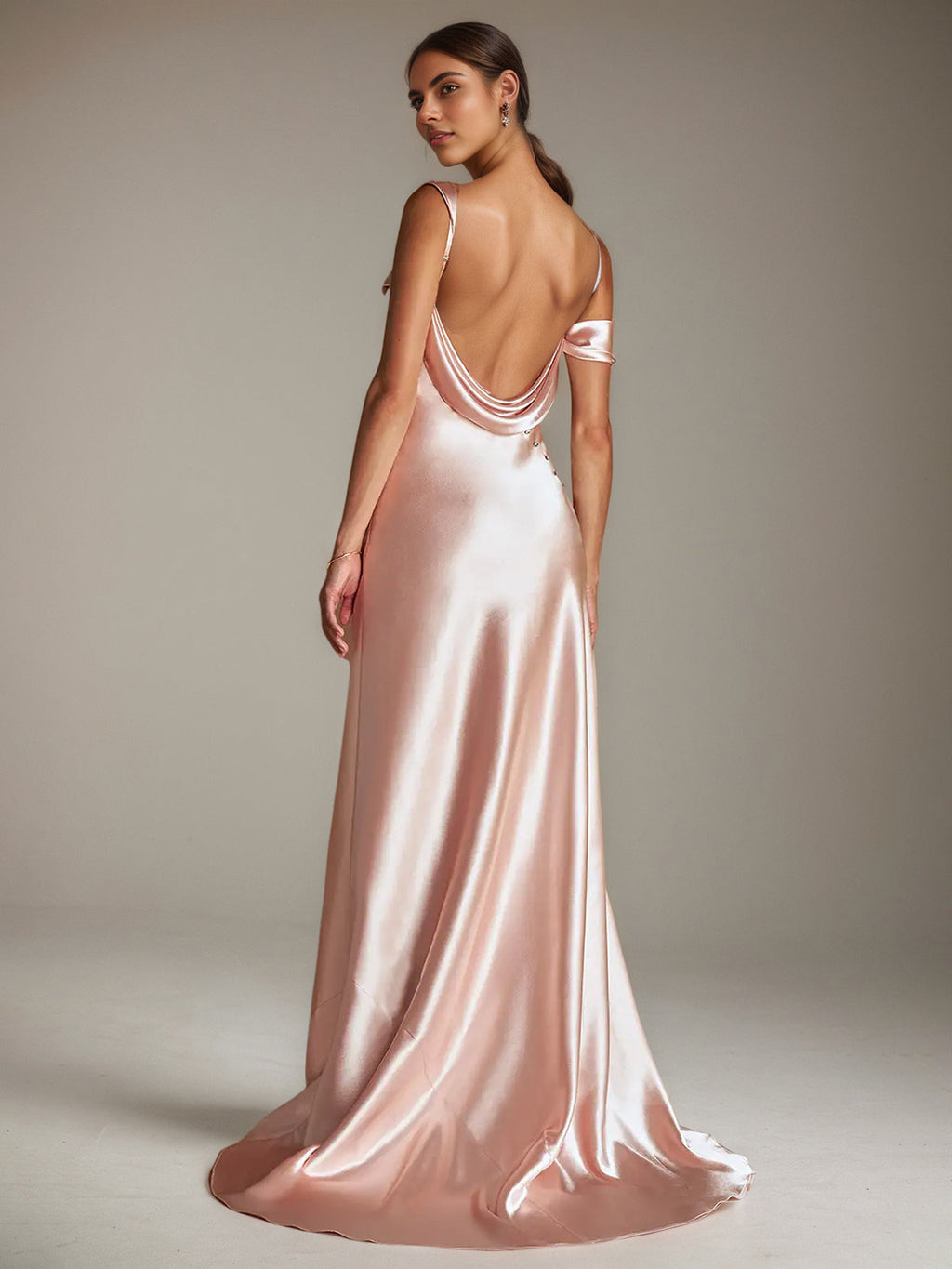 Blush Pink Satin Sheath/Column Asymmetrical Sleeveless Floor Length Bridesmaid Dress