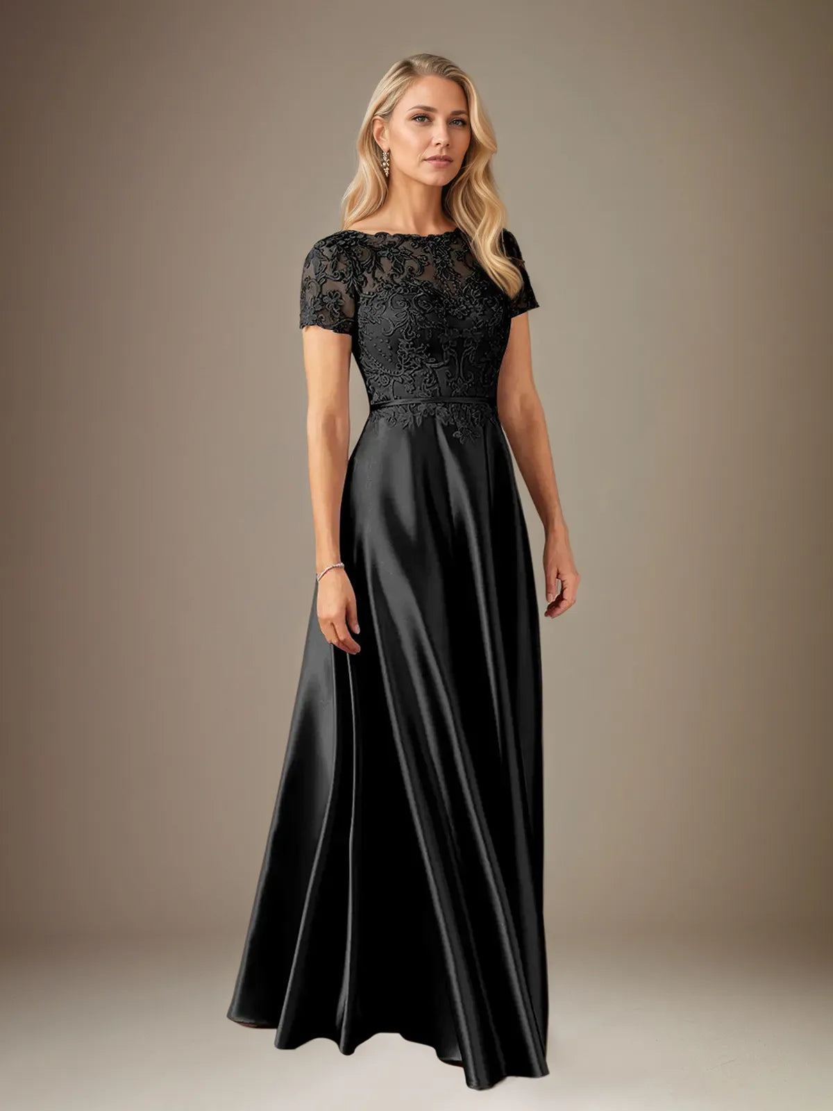 A Line Satin Scoop Neck Short Sleeves Floor Length Dress With Appliques