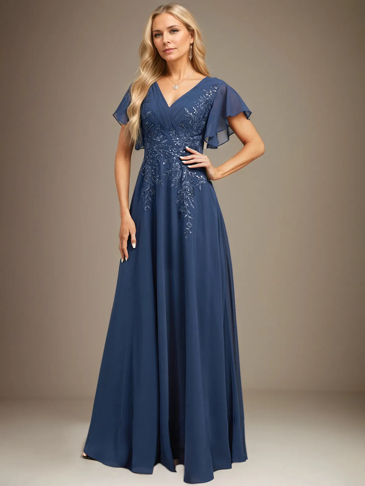A Line V Neck Floor Length Lace Chiffon Evening Dress With Pleated Sequins