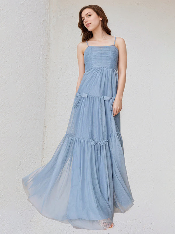 A Line Dusty Blue Chiffon Spaghetti Straps Sleeveless Floor Length Dress With Bows