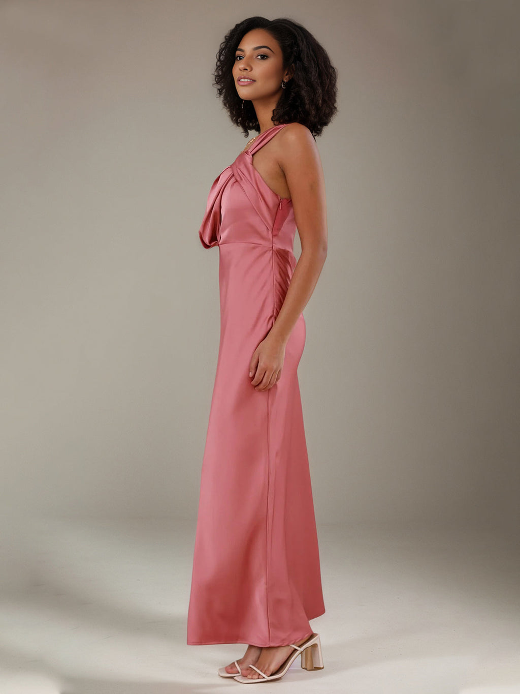 Rose Pink Satin Sheath/Column One Shoulder Ankle Length Bridesmaid Dresses