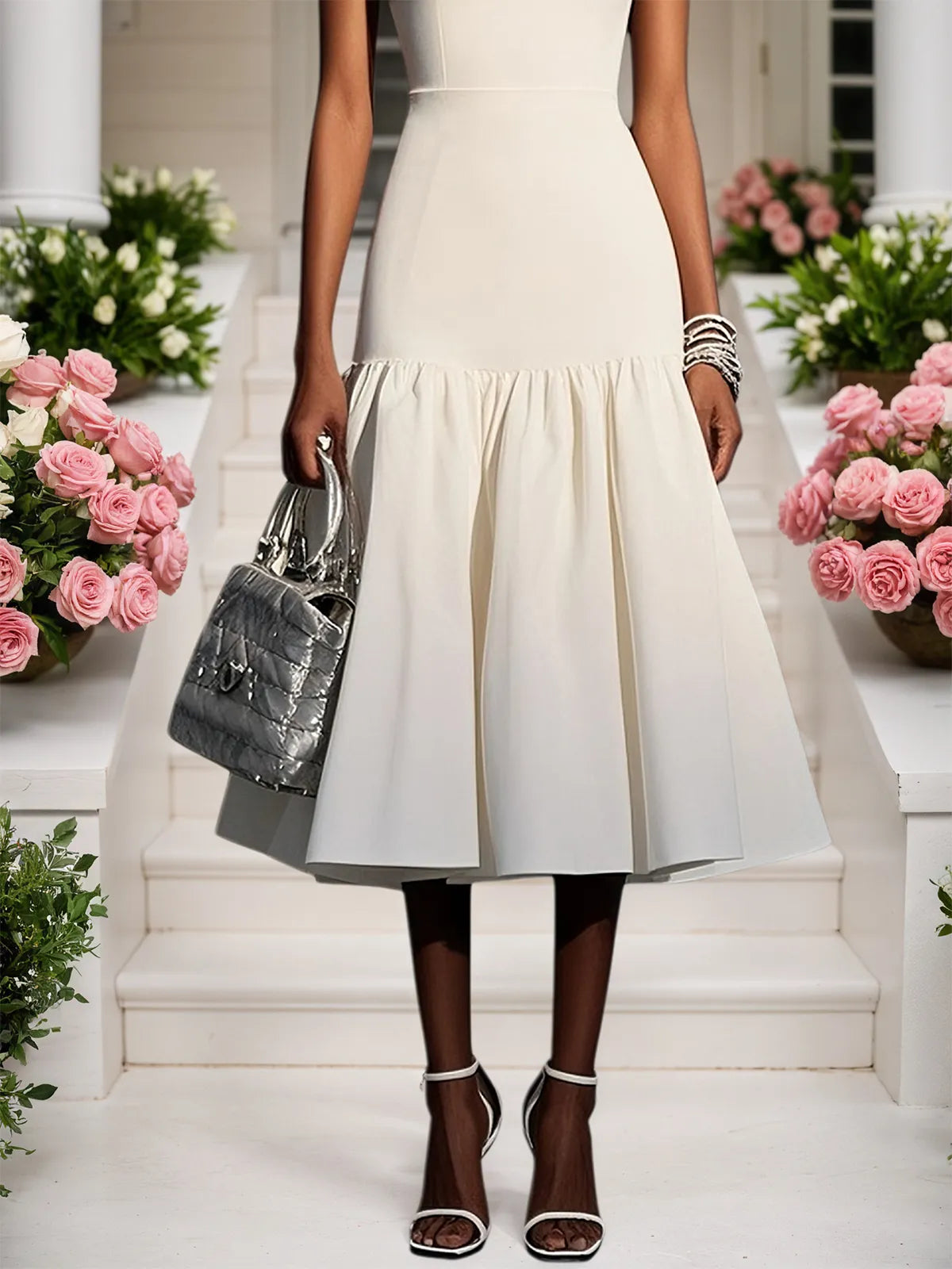 Vestido midi blanco de punto con cuello redondo y mangas cortas estilo sirena