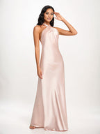 Pearl Pink Sheath/Column Halter Floor-Length Sleeveless Satin Bridesmaid Dress