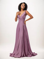 Vestidos de madrinha wisteria em cetim, corte evasê, babados, decote em V, sem mangas, comprimento até o chão