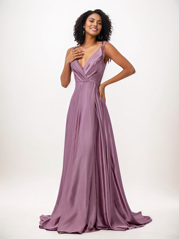 Vestidos de madrinha wisteria em cetim, corte evasê, babados, decote em V, sem mangas, comprimento até o chão