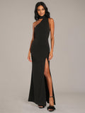 Black Sheath/Column Stretch Crepe Asymmetrical Sleeveless Floor Length Dresses
