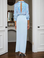 Abito lungo tubino maxi blu con paillettes, collo e maniche lunghe con spacco
