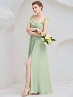 Abito da damigella verde menta in chiffon a linea A con scollo quadrato, senza maniche, lungo fino al pavimento con volant
