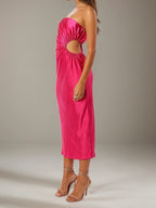 Hot Pink Satin Sheath/Column Off The Shoulder Tea Length Bridesmaid Dresses