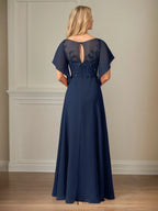 A Line Chiffon Boat Neck Flutter Sleeve Floor Length Dress