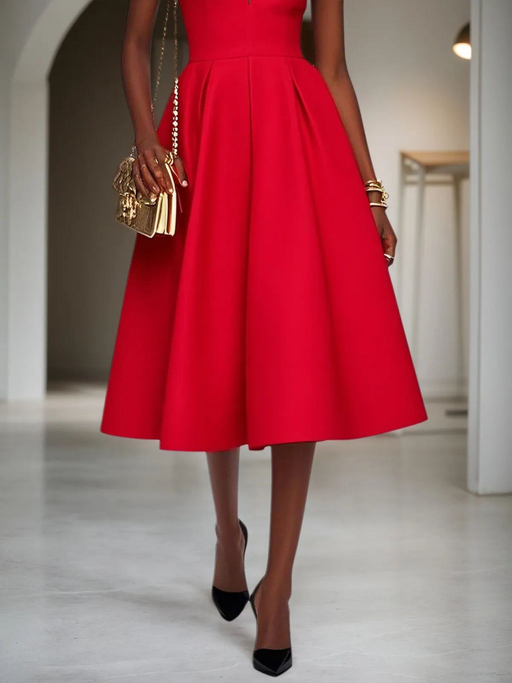 Robe midi classique rouge à col chemise sans manches, ligne A