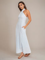 Pale Blue Sheath/Column Halter Neck Sleeveless Ankle Length Bridesmaid Dress