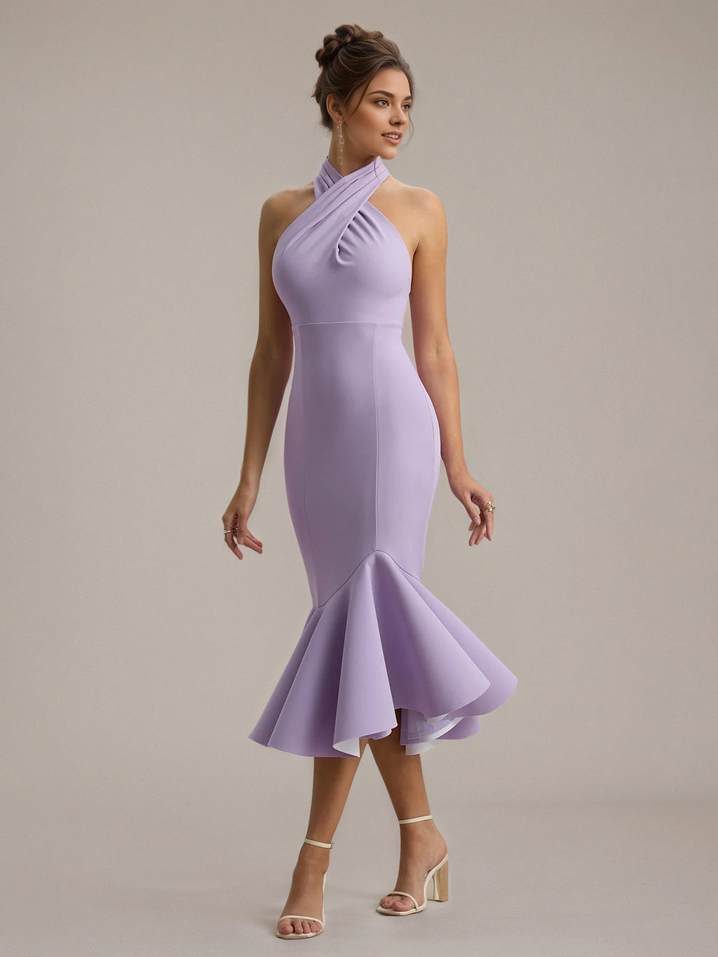 Lilac Chiffon Sheath/Column Halter Neck Sleeveless Tea Length Dress