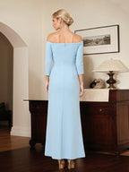 Vestido de madre de la novia azul cielo de gasa, hombros descubiertos, mangas 3/4, largo hasta el tobillo